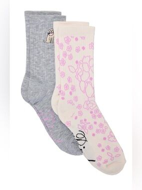 PINK Victoria's Secret Gray & Cream “Floral Pup” 2-Pack Crew Socks - New